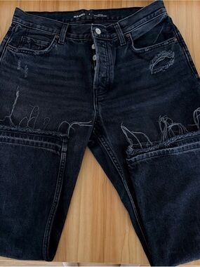 Old Navy Black Wash High Rise Slouchy Straight Jeans with Distressed Hem
